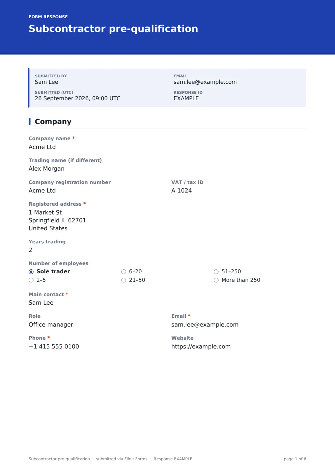 Subcontractor pre-qualification — example response PDF, page 1 of 6