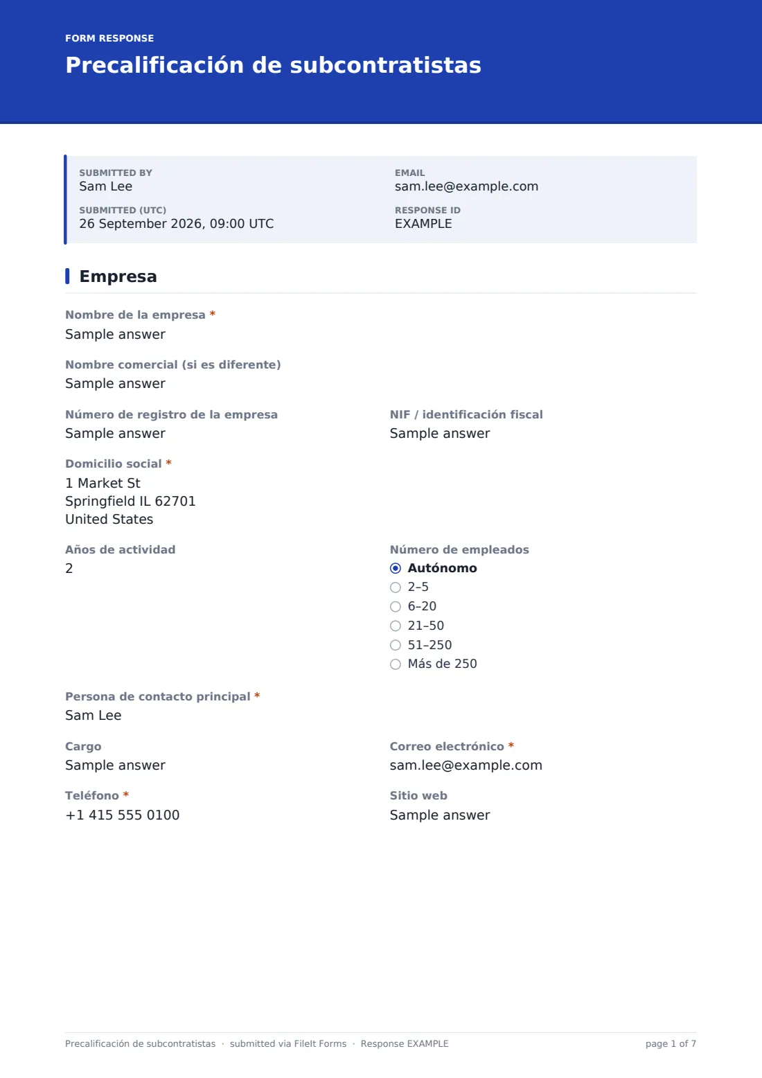 Precalificación de subcontratistas — PDF de respuesta de ejemplo, página 1 de 7