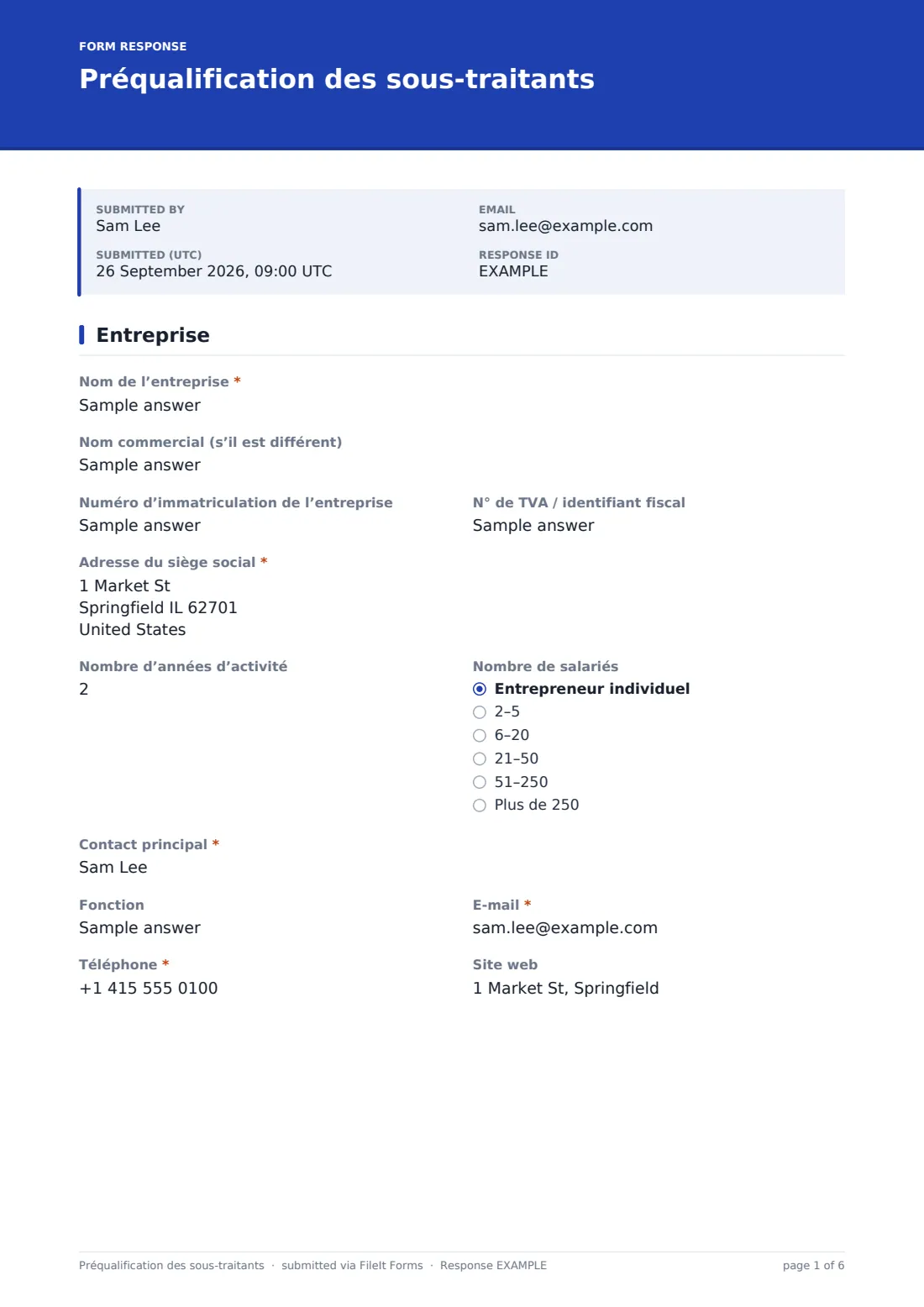 Préqualification des sous-traitants — exemple de réponse au format PDF, page 1 sur 6