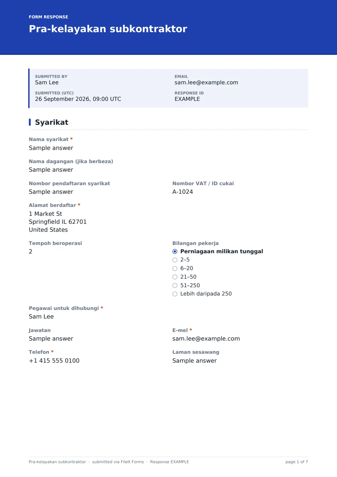 Pra-kelayakan subkontraktor — PDF respons contoh, halaman 1 daripada 7