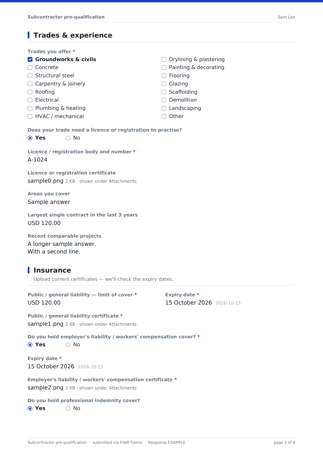 Subcontractor pre-qualification — example response PDF, page 2 of 6