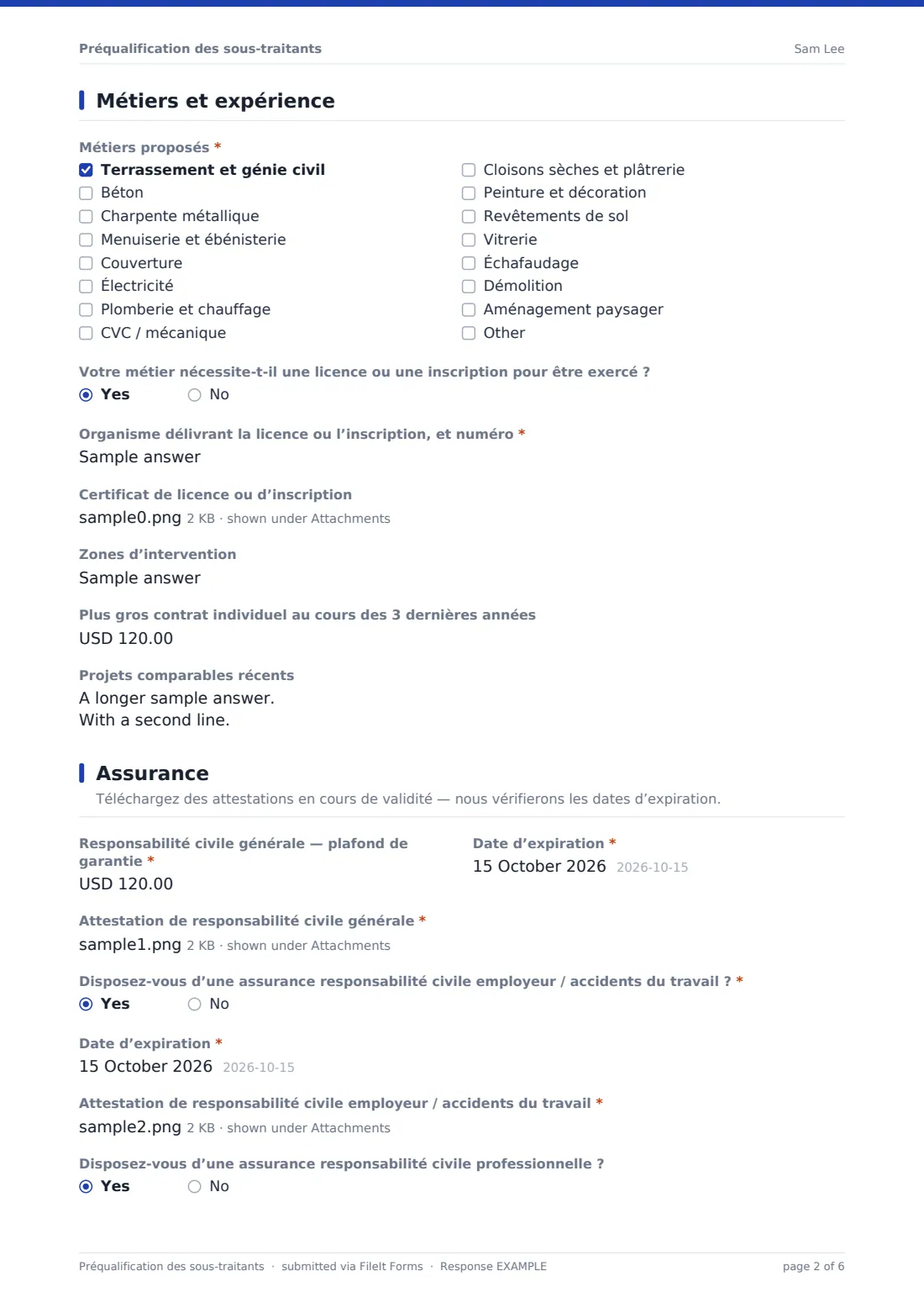 Préqualification des sous-traitants — exemple de réponse au format PDF, page 2 sur 6