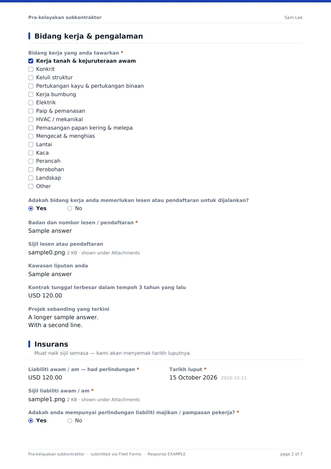 Pra-kelayakan subkontraktor — PDF respons contoh, halaman 2 daripada 7