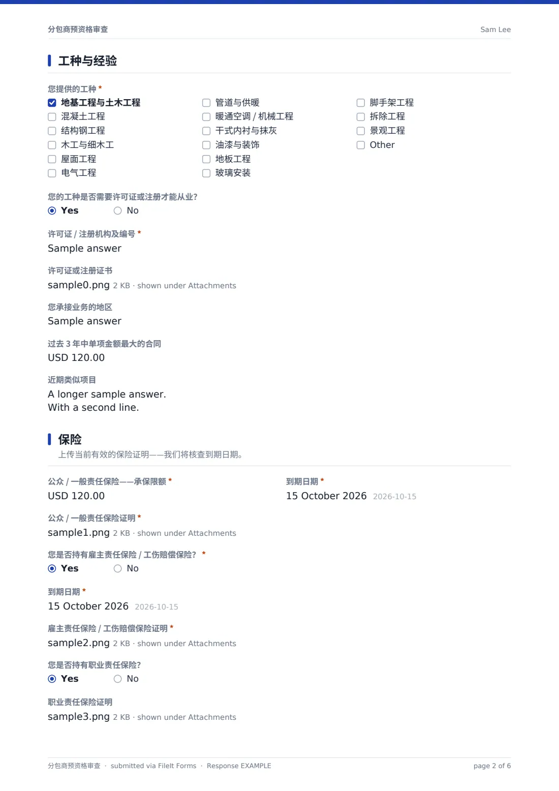 分包商预资格审查 — 示例回复 PDF，第 2 页，共 6 页