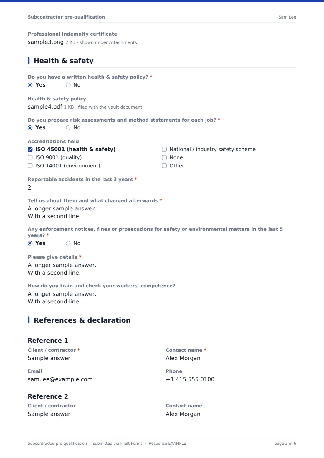 Subcontractor pre-qualification — example response PDF, page 3 of 6