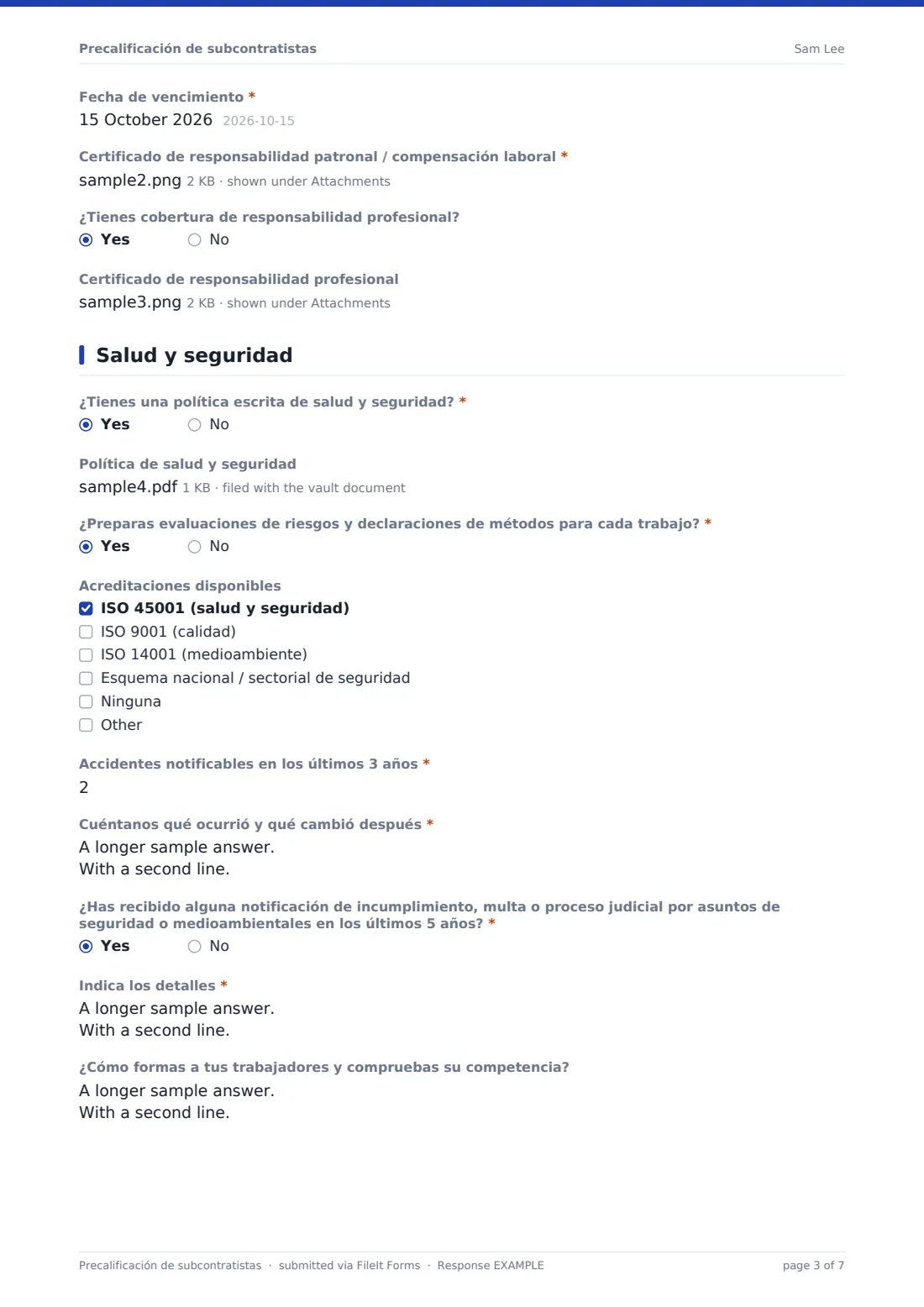 Precalificación de subcontratistas — PDF de respuesta de ejemplo, página 3 de 7