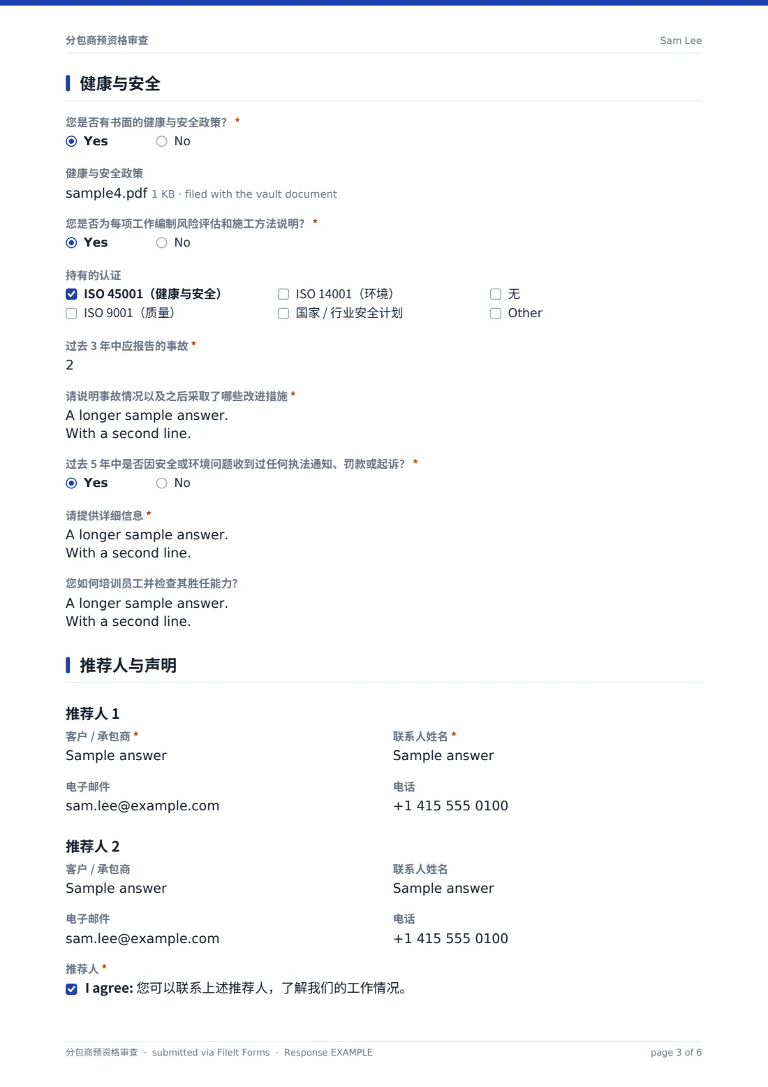分包商预资格审查 — 示例回复 PDF，第 3 页，共 6 页