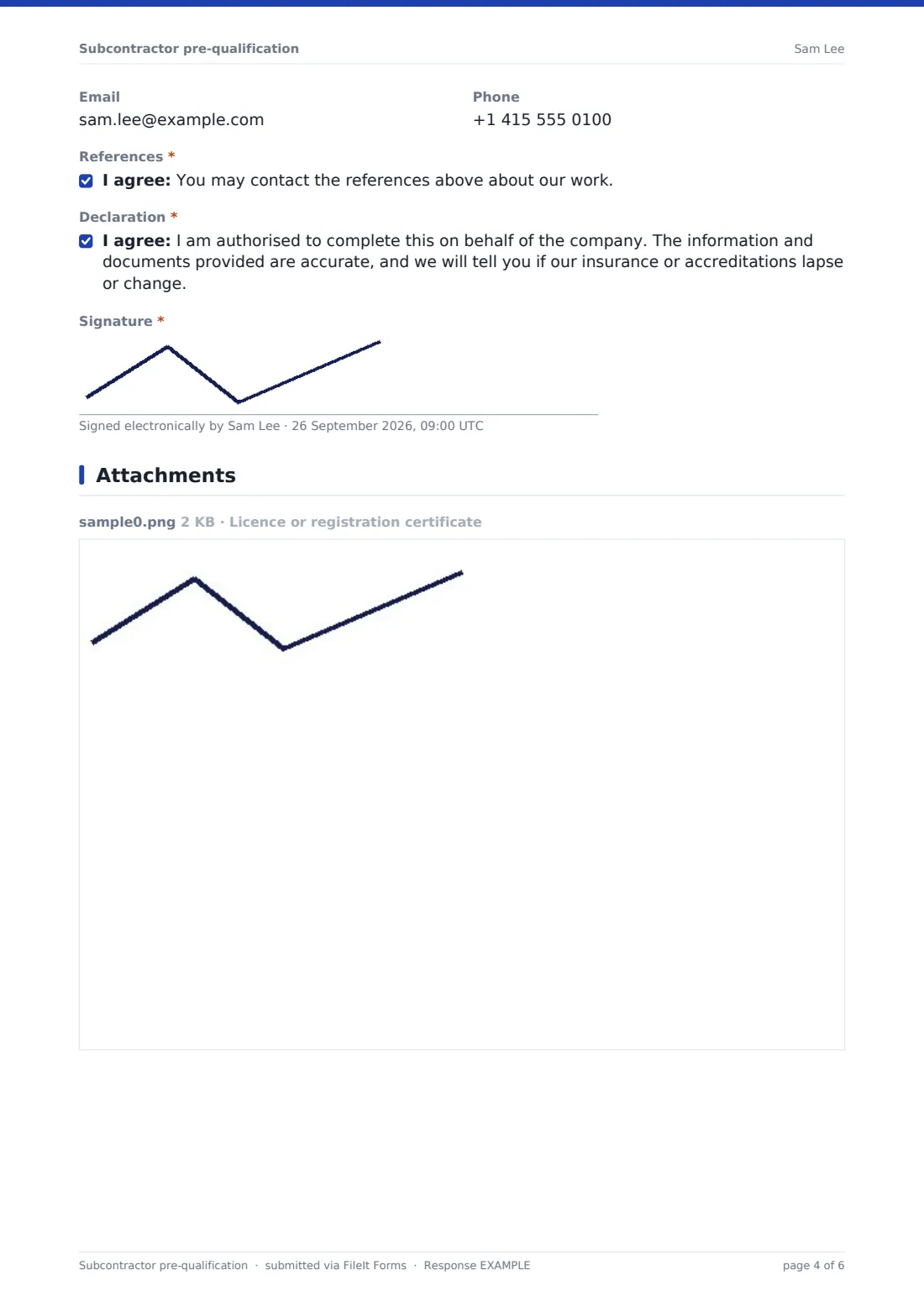 Subcontractor pre-qualification — example response PDF, page 4 of 6