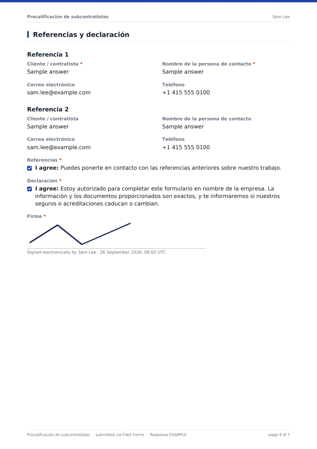 Precalificación de subcontratistas — PDF de respuesta de ejemplo, página 4 de 7