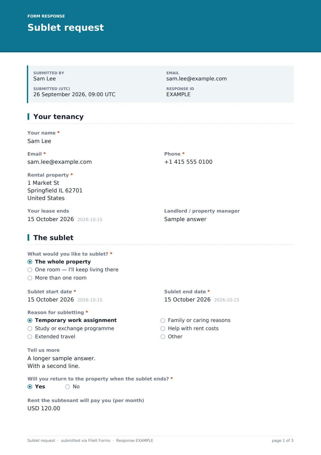 Sublet request — example response PDF, page 1 of 3