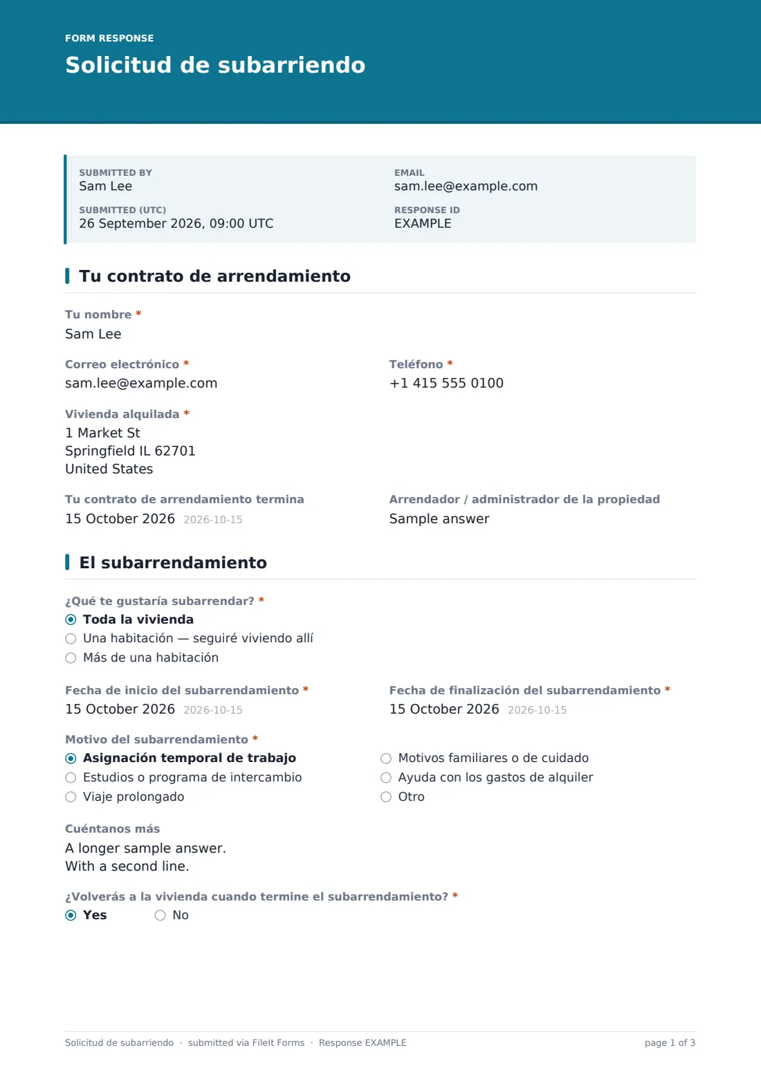 Solicitud de subarriendo — PDF de respuesta de ejemplo, página 1 de 3