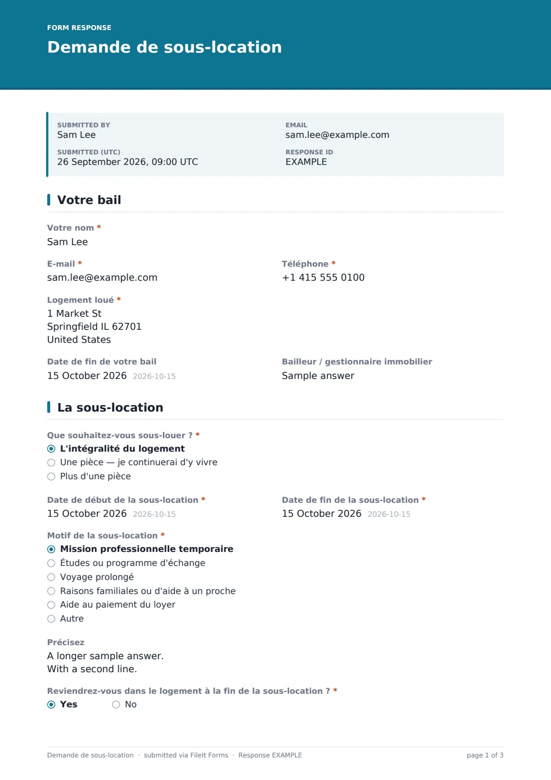 Demande de sous-location — exemple de réponse au format PDF, page 1 sur 3