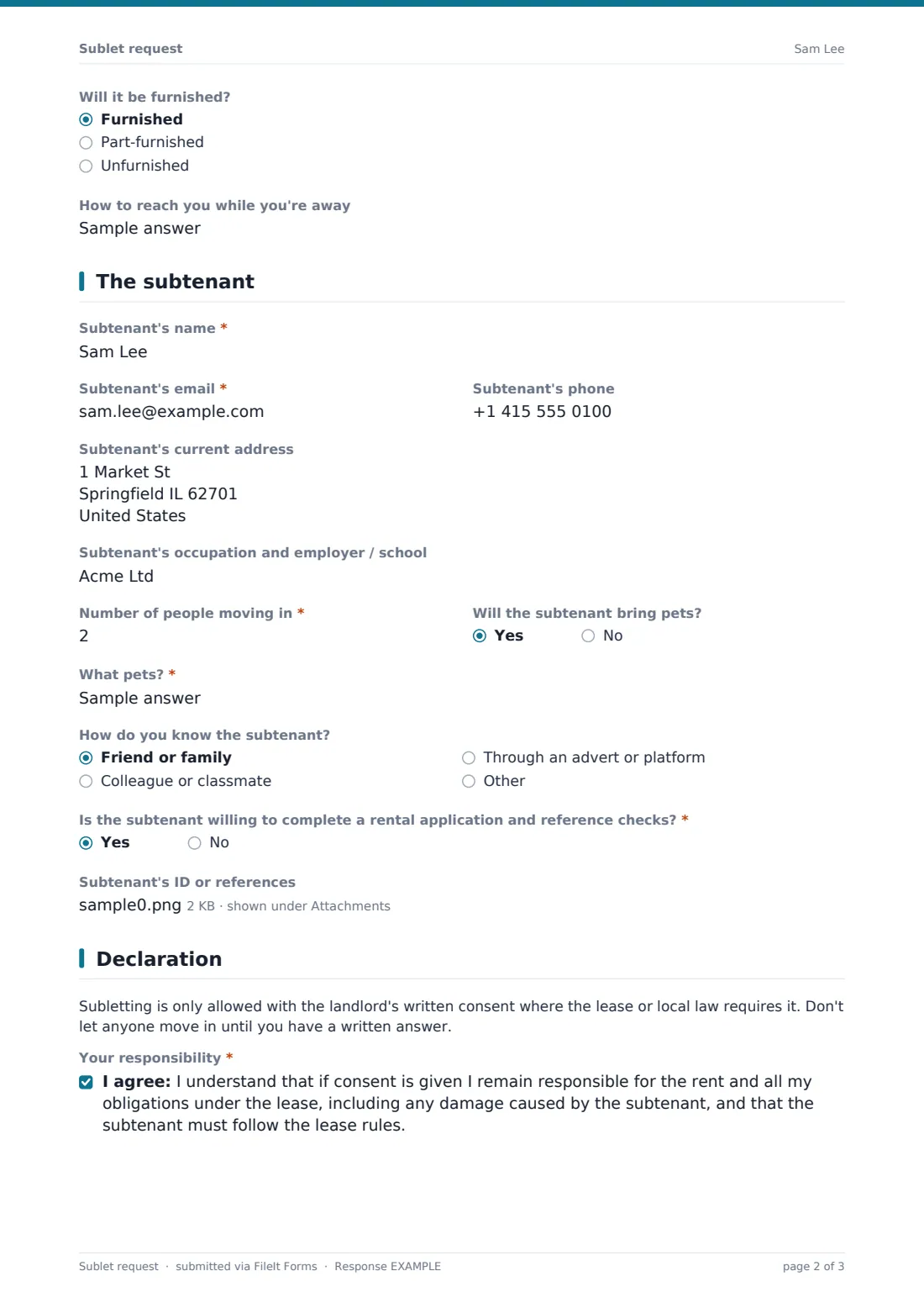 Sublet request — example response PDF, page 2 of 3