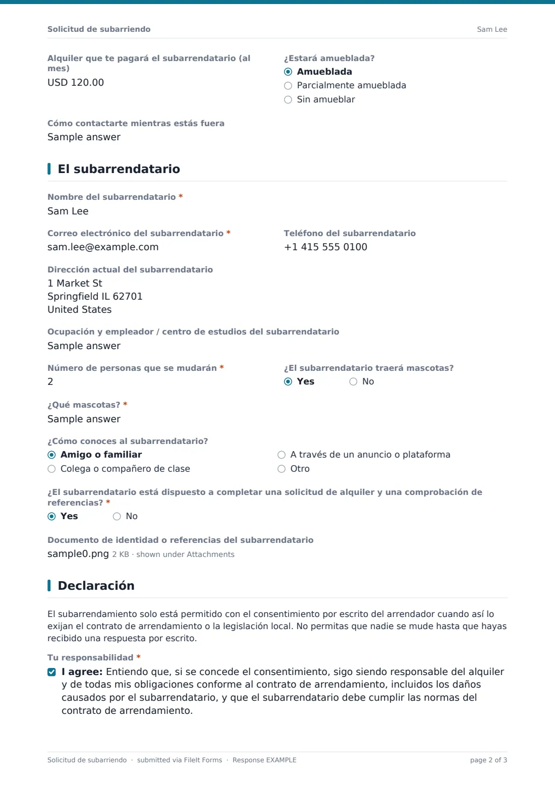 Solicitud de subarriendo — PDF de respuesta de ejemplo, página 2 de 3