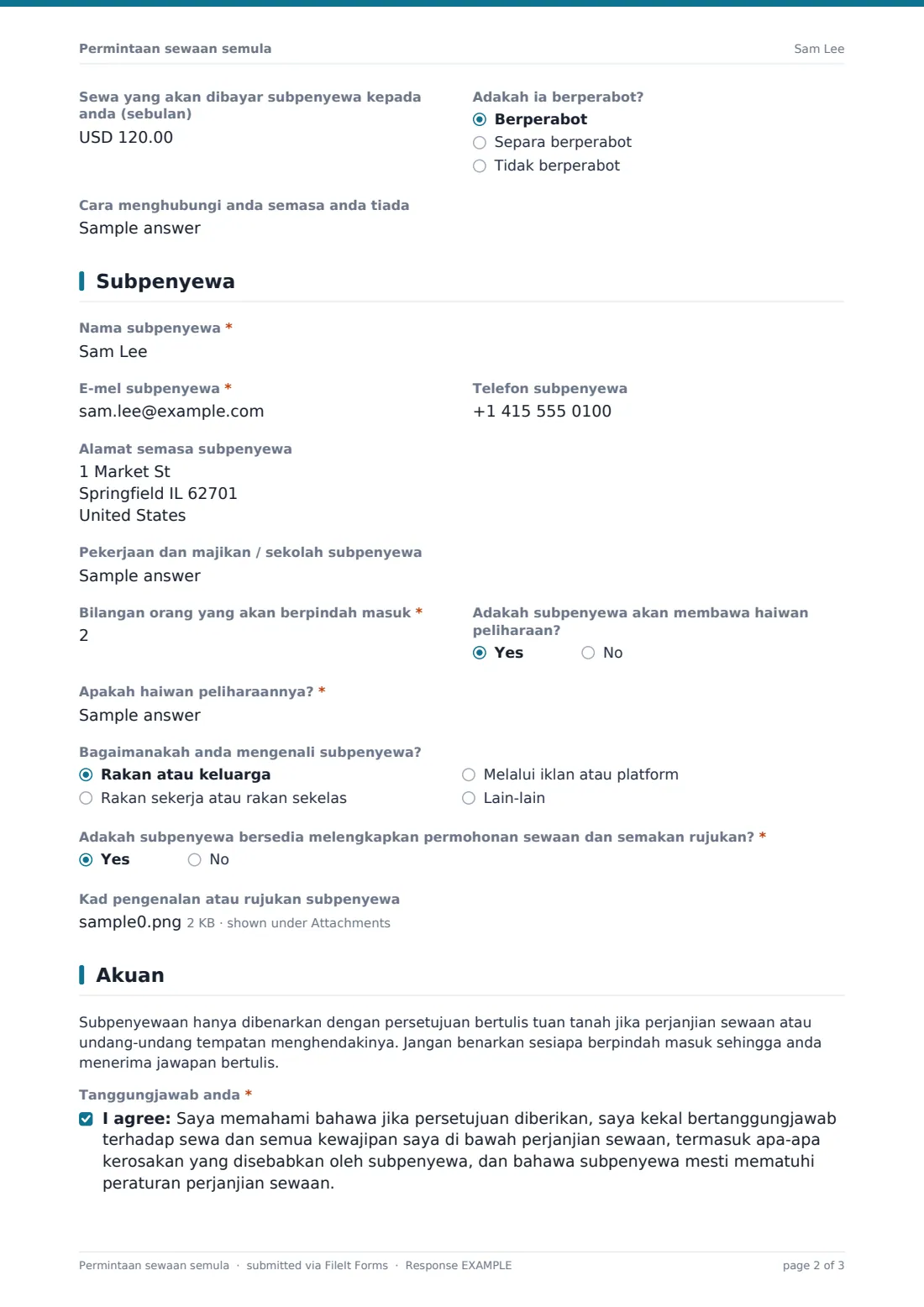 Permintaan sewaan semula — PDF respons contoh, halaman 2 daripada 3