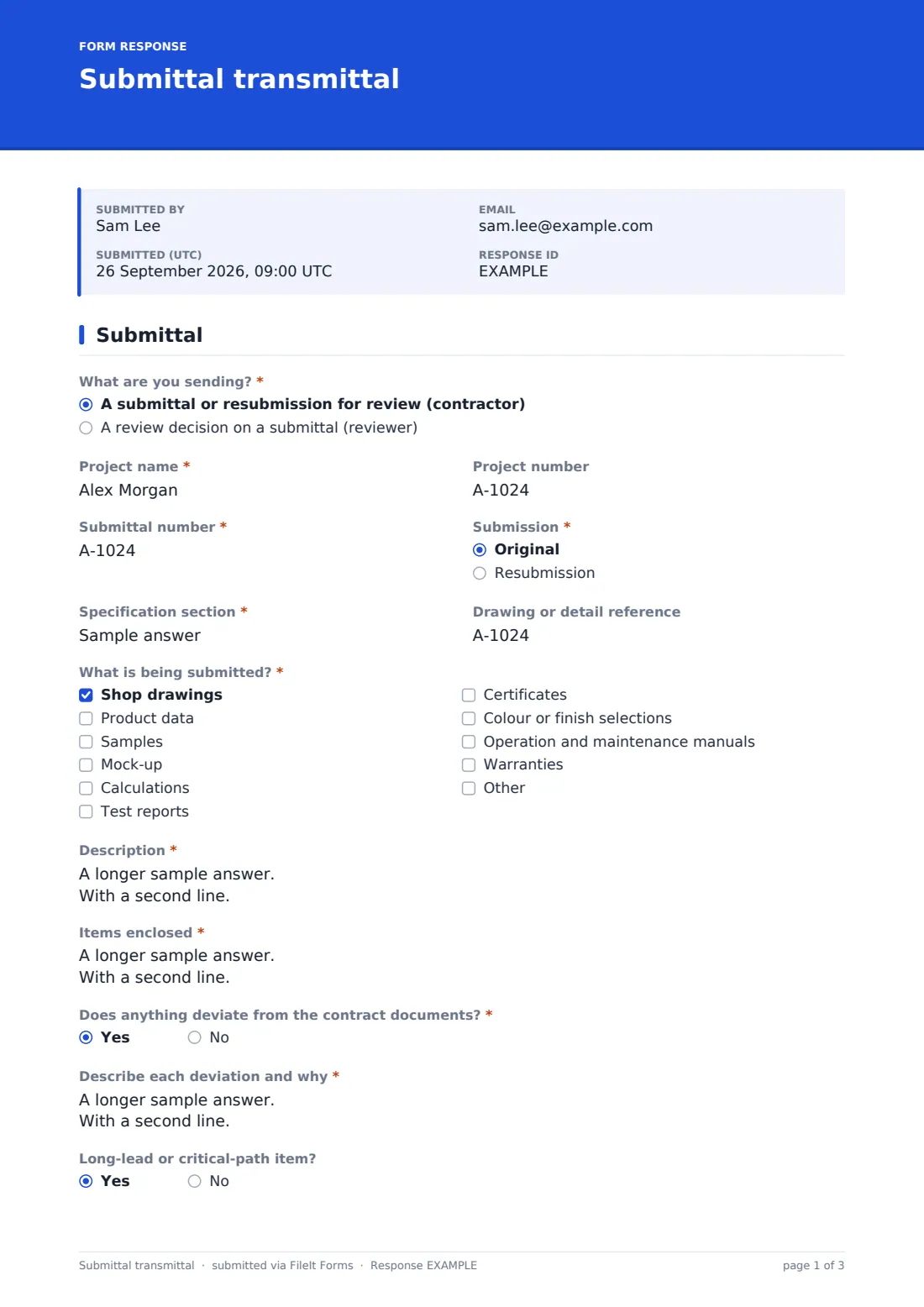 Submittal transmittal — example response PDF, page 1 of 3