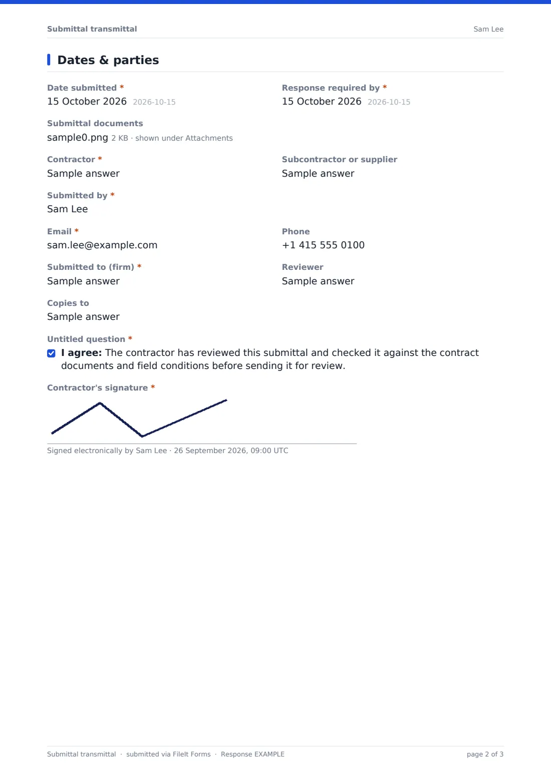 Submittal transmittal — example response PDF, page 2 of 3