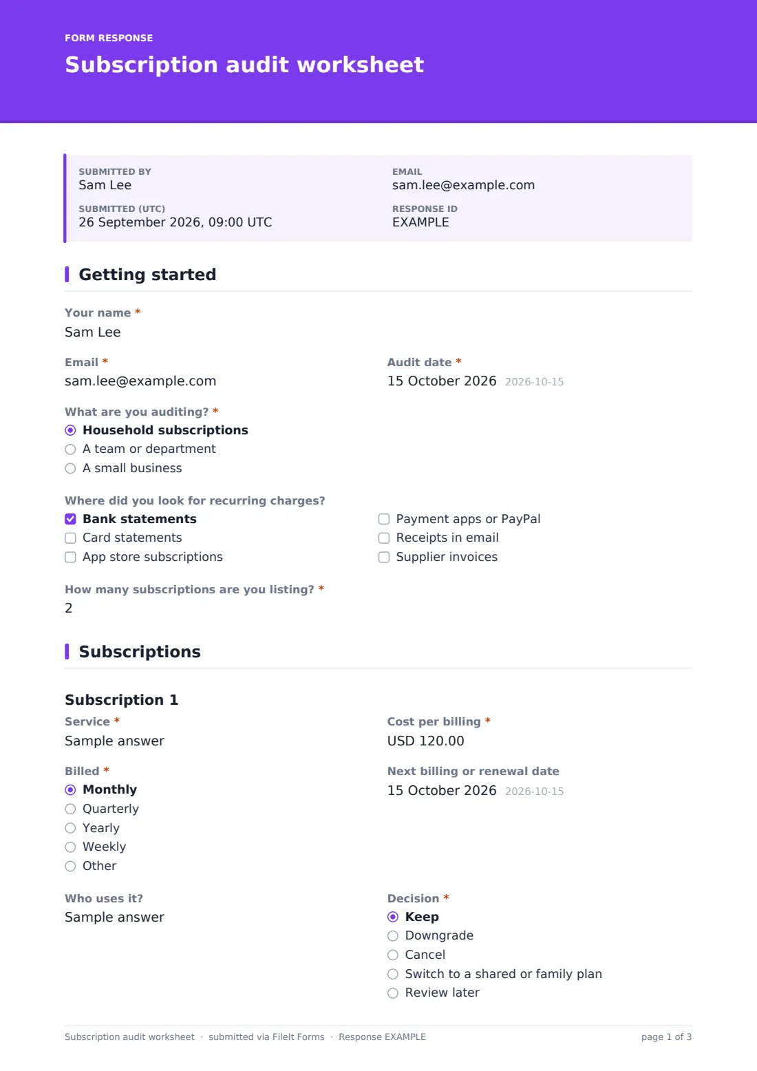 Subscription audit worksheet — example response PDF, page 1 of 3