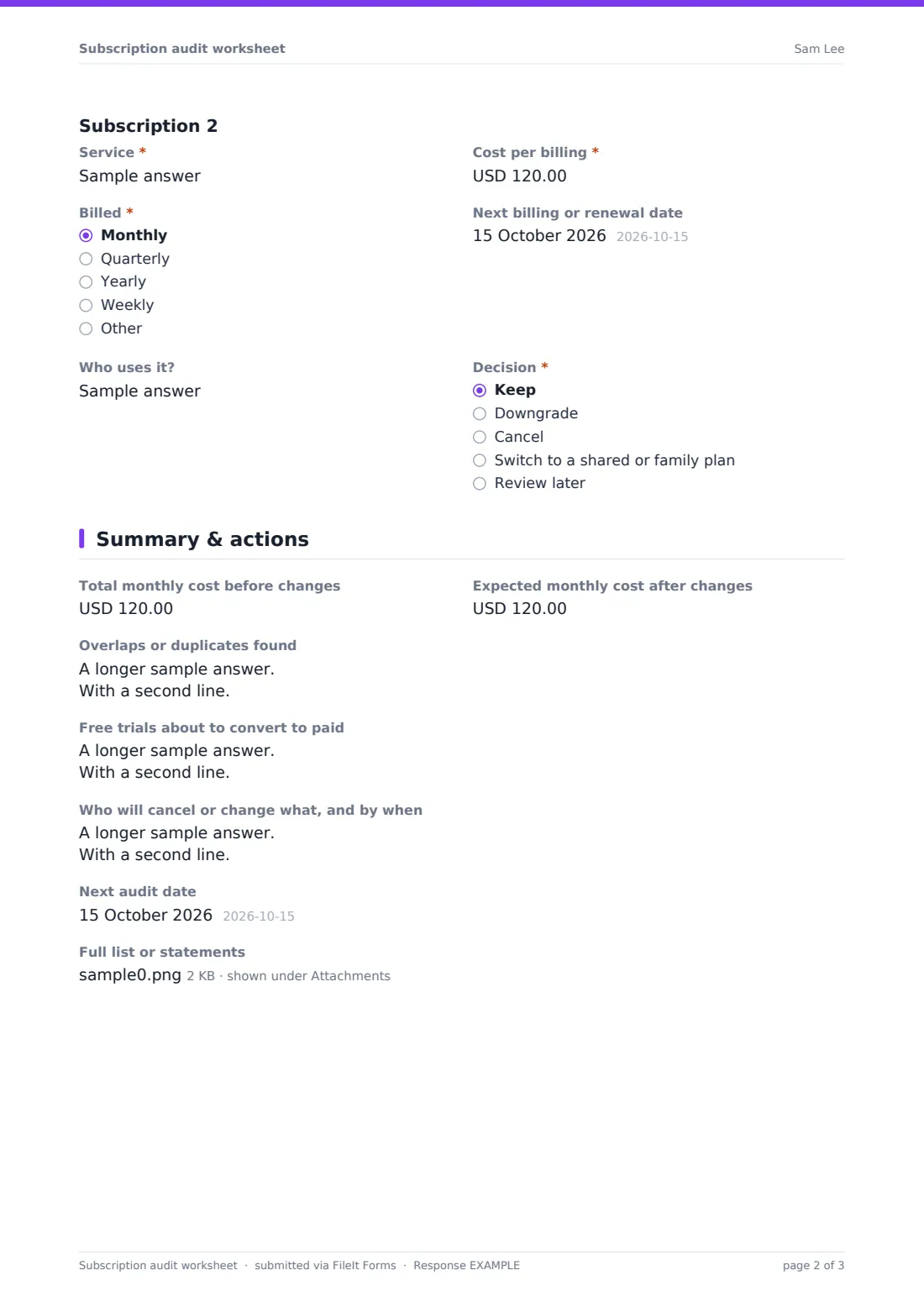 Subscription audit worksheet — example response PDF, page 2 of 3