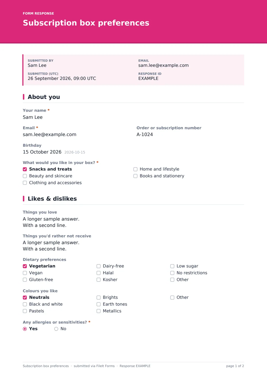 Subscription box preferences — example response PDF, page 1 of 2