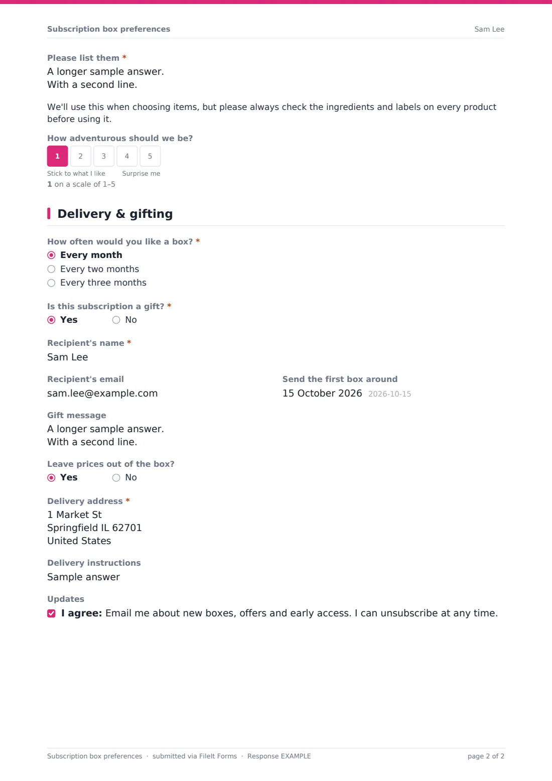 Subscription box preferences — example response PDF, page 2 of 2