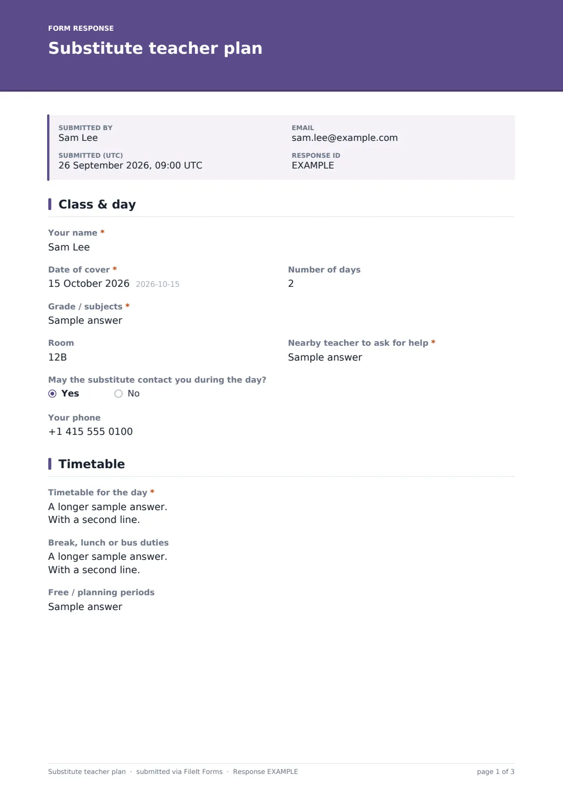 Substitute teacher plan — example response PDF, page 1 of 3