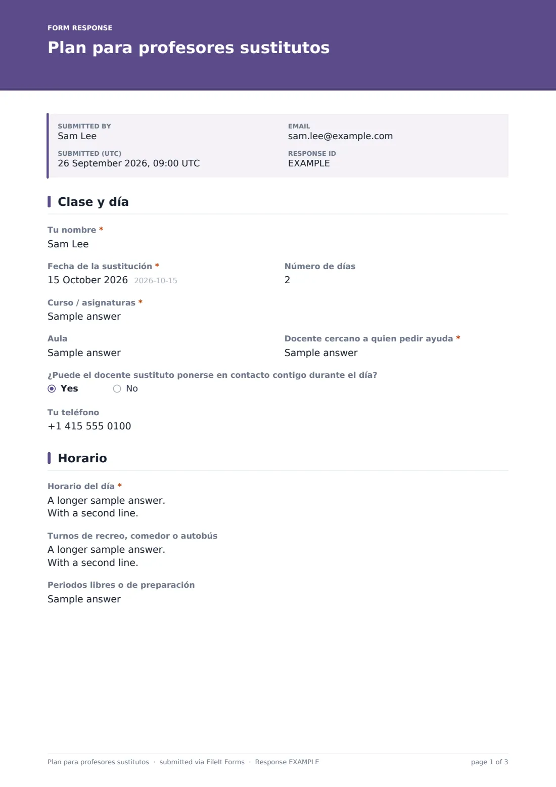 Plan para profesores sustitutos — PDF de respuesta de ejemplo, página 1 de 3