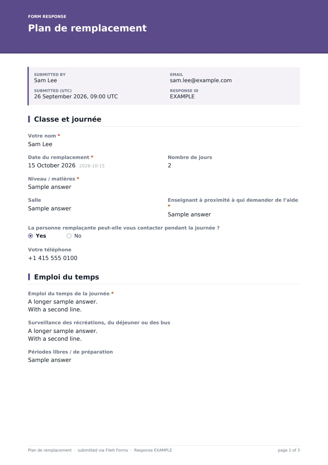 Plan de remplacement — exemple de réponse au format PDF, page 1 sur 3
