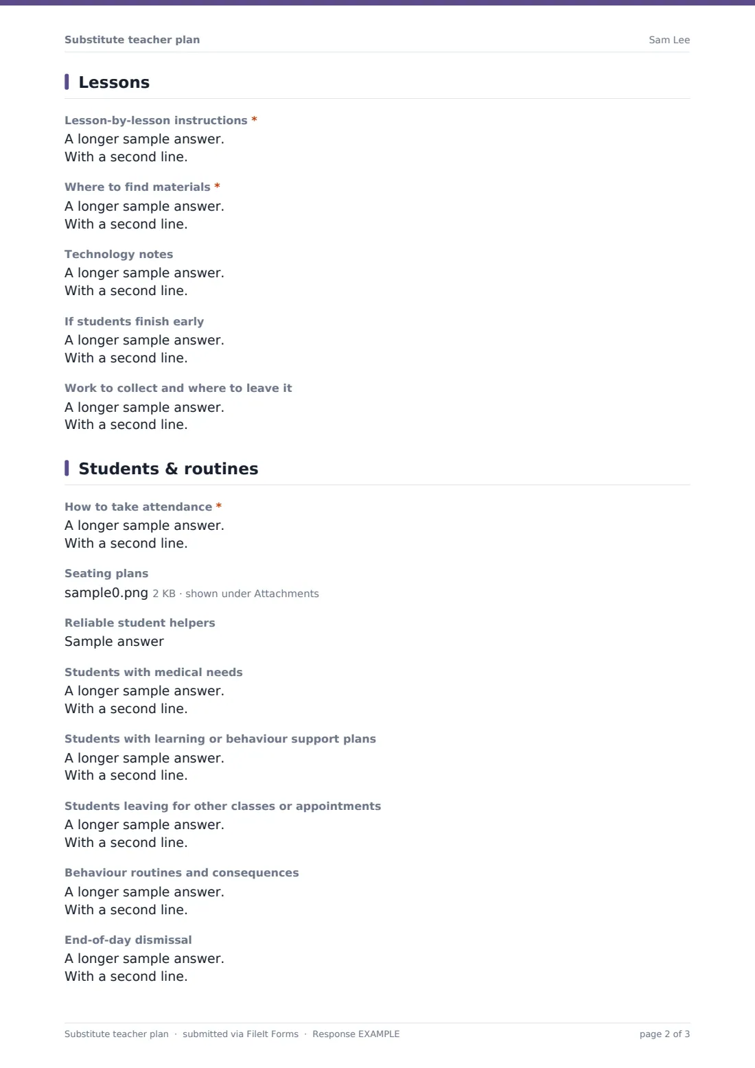 Substitute teacher plan — example response PDF, page 2 of 3