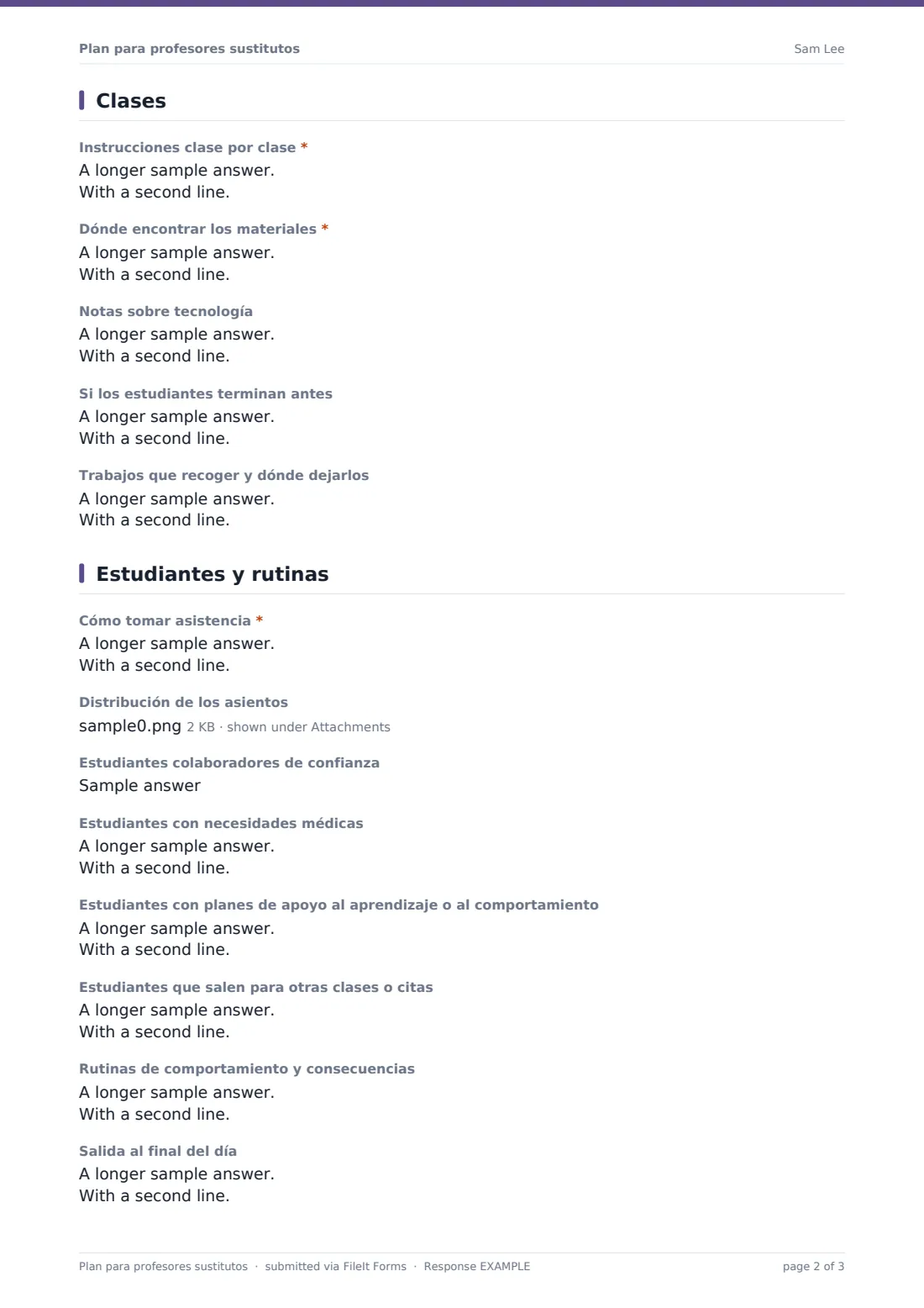 Plan para profesores sustitutos — PDF de respuesta de ejemplo, página 2 de 3