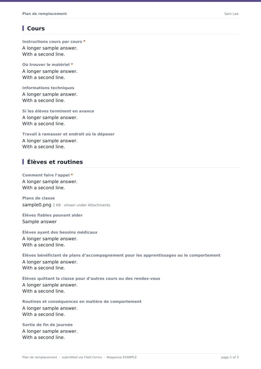 Plan de remplacement — exemple de réponse au format PDF, page 2 sur 3
