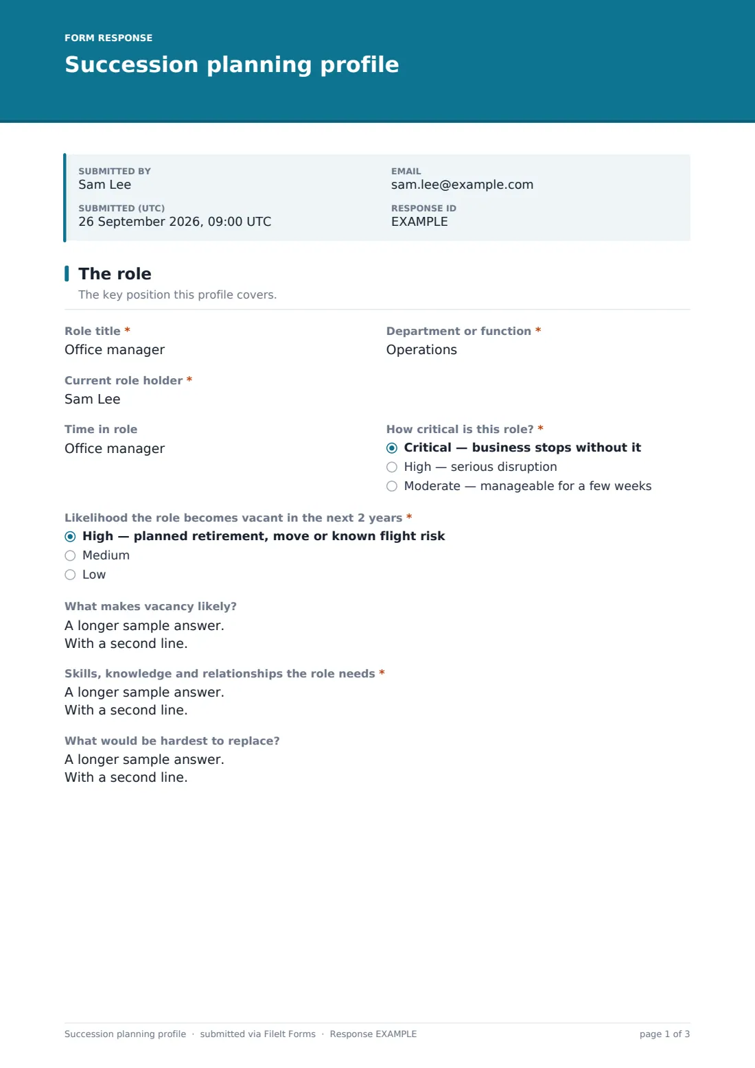 Succession planning profile — example response PDF, page 1 of 3