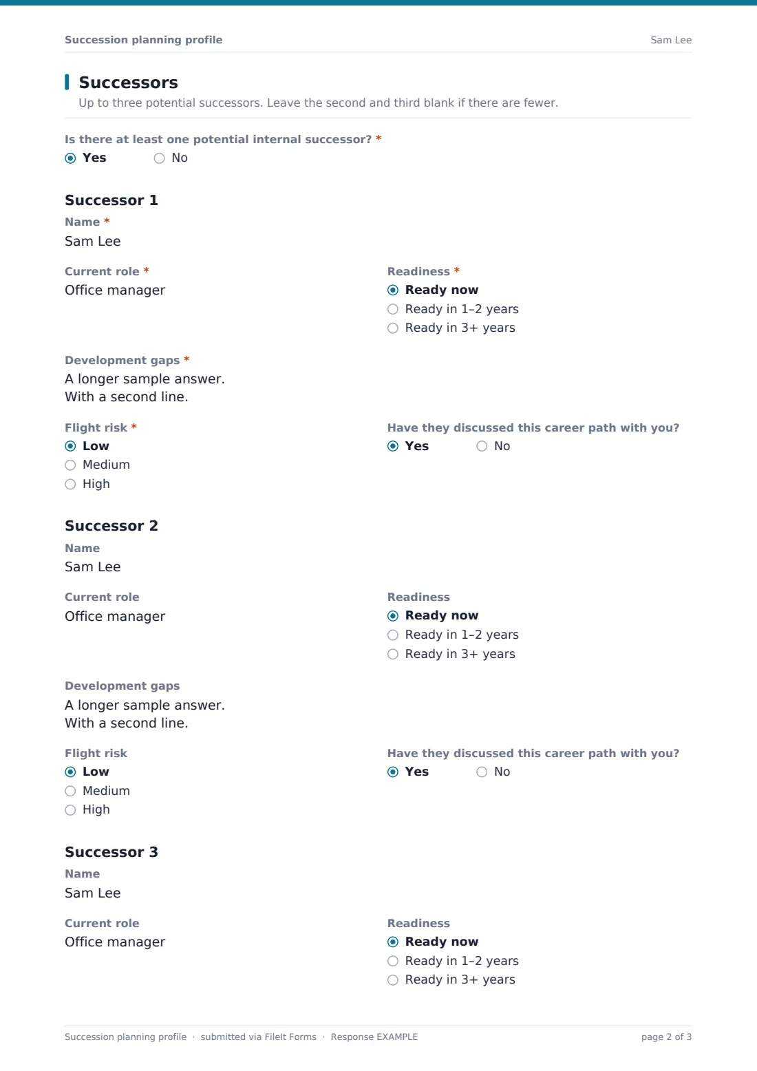 Succession planning profile — example response PDF, page 2 of 3