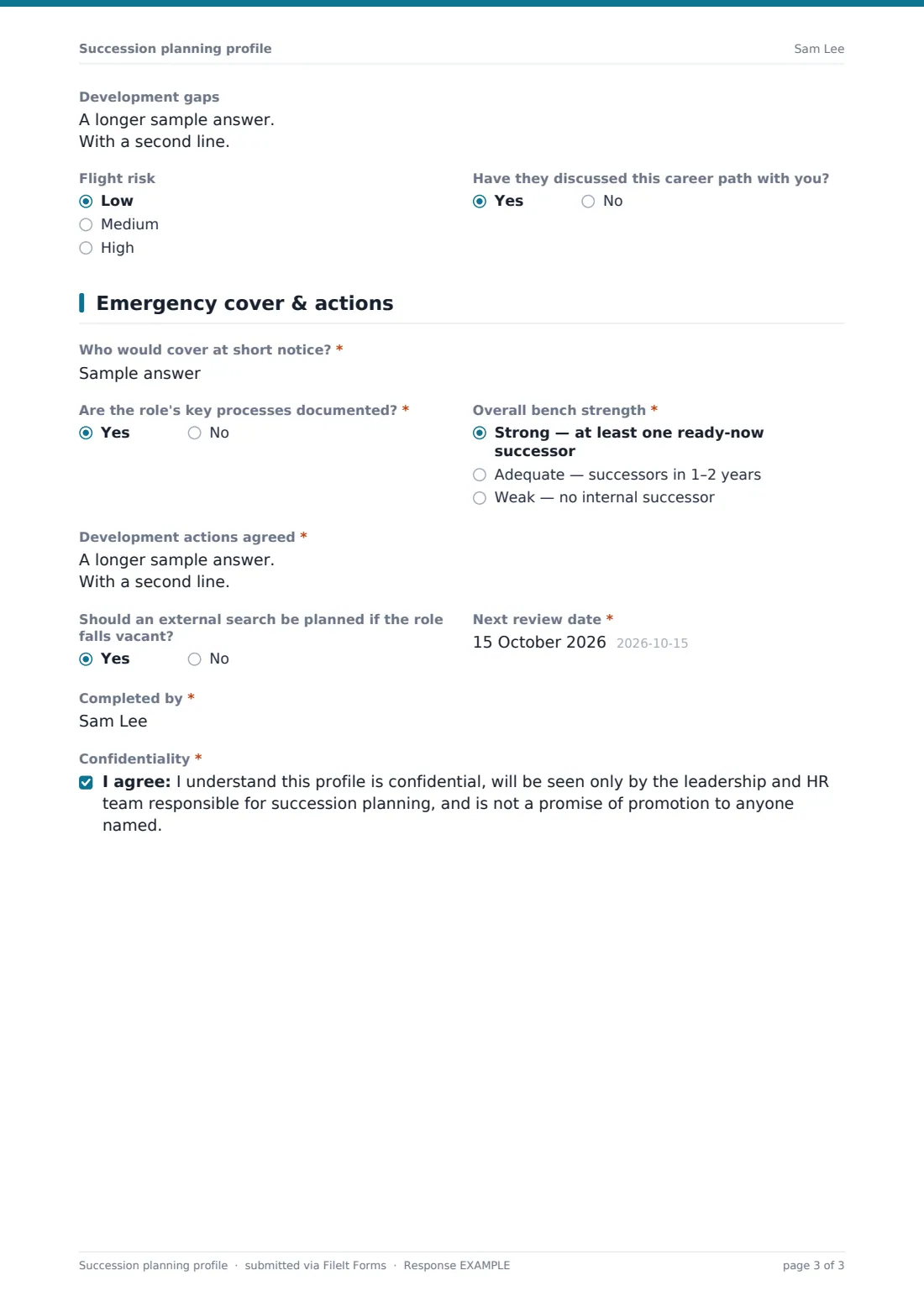 Succession planning profile — example response PDF, page 3 of 3