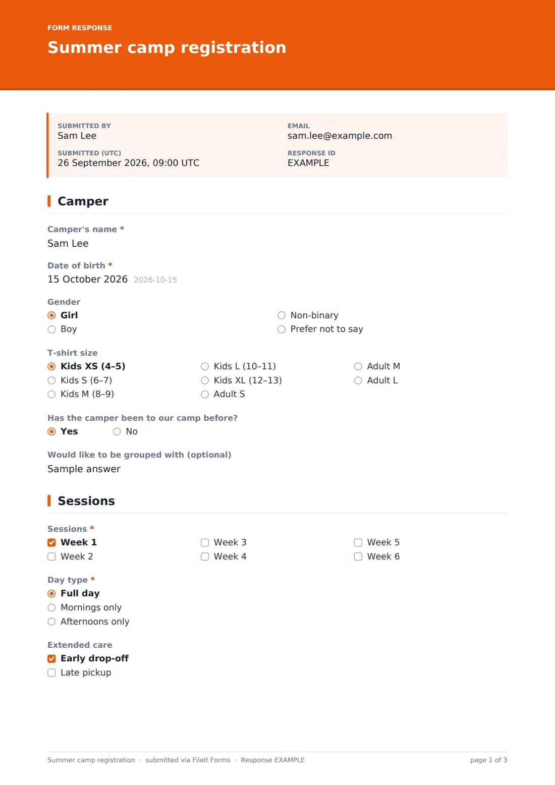Summer camp registration — example response PDF, page 1 of 3