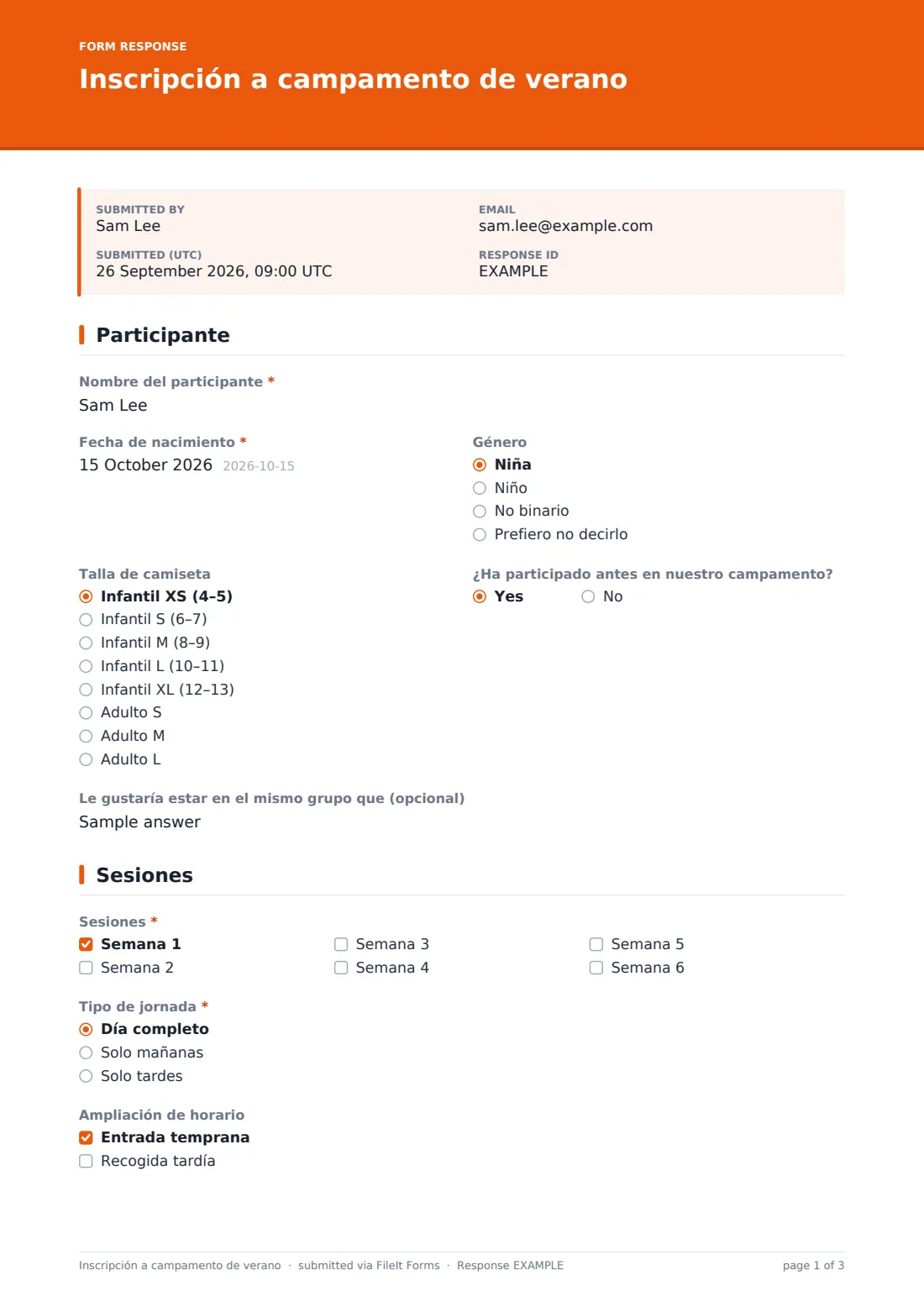 Inscripción a campamento de verano — PDF de respuesta de ejemplo, página 1 de 3