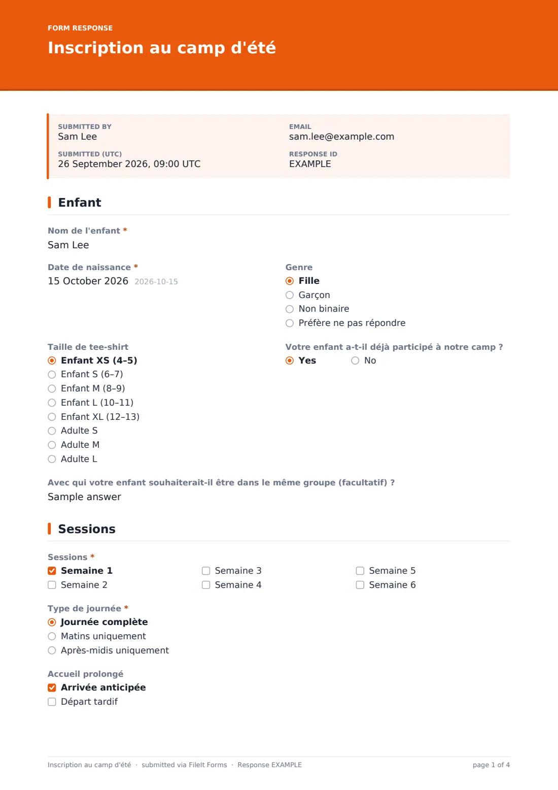 Inscription au camp d'été — exemple de réponse au format PDF, page 1 sur 4