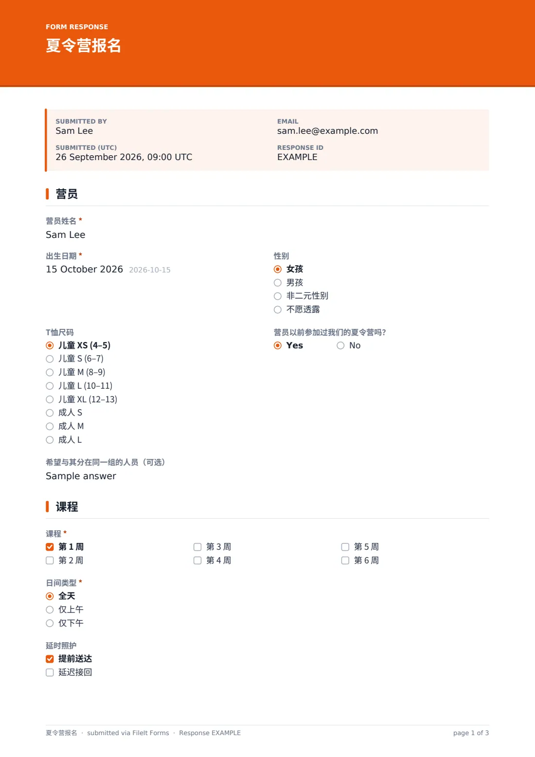 夏令营报名 — 示例回复 PDF，第 1 页，共 3 页