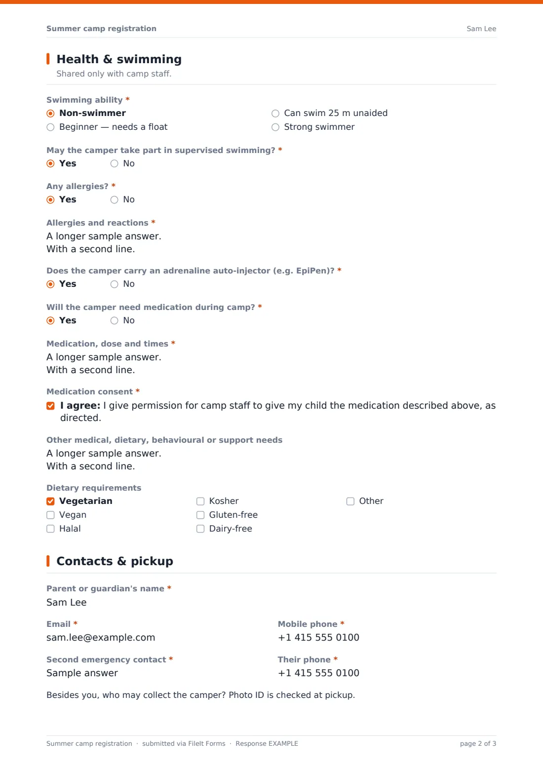 Summer camp registration — example response PDF, page 2 of 3
