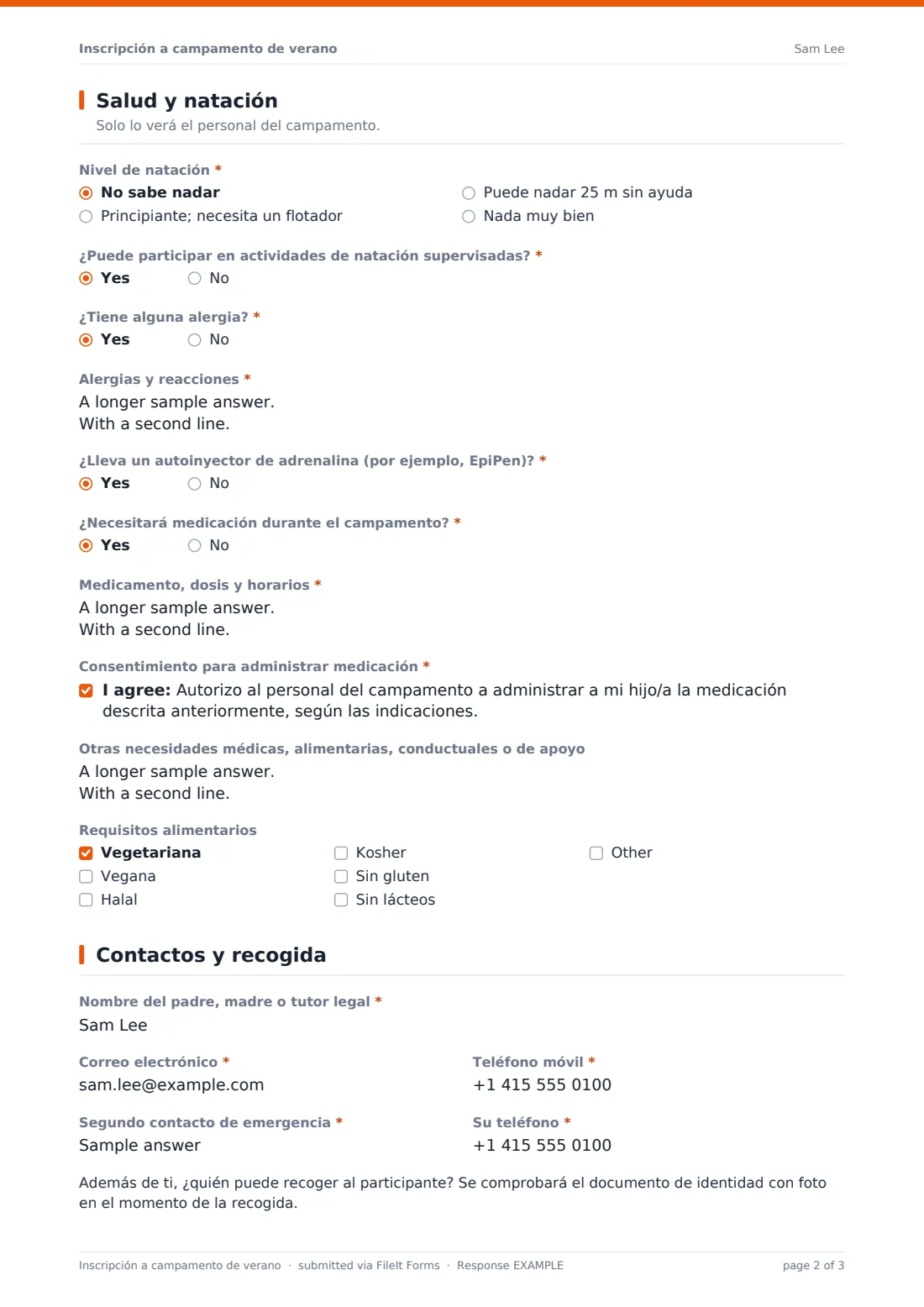 Inscripción a campamento de verano — PDF de respuesta de ejemplo, página 2 de 3