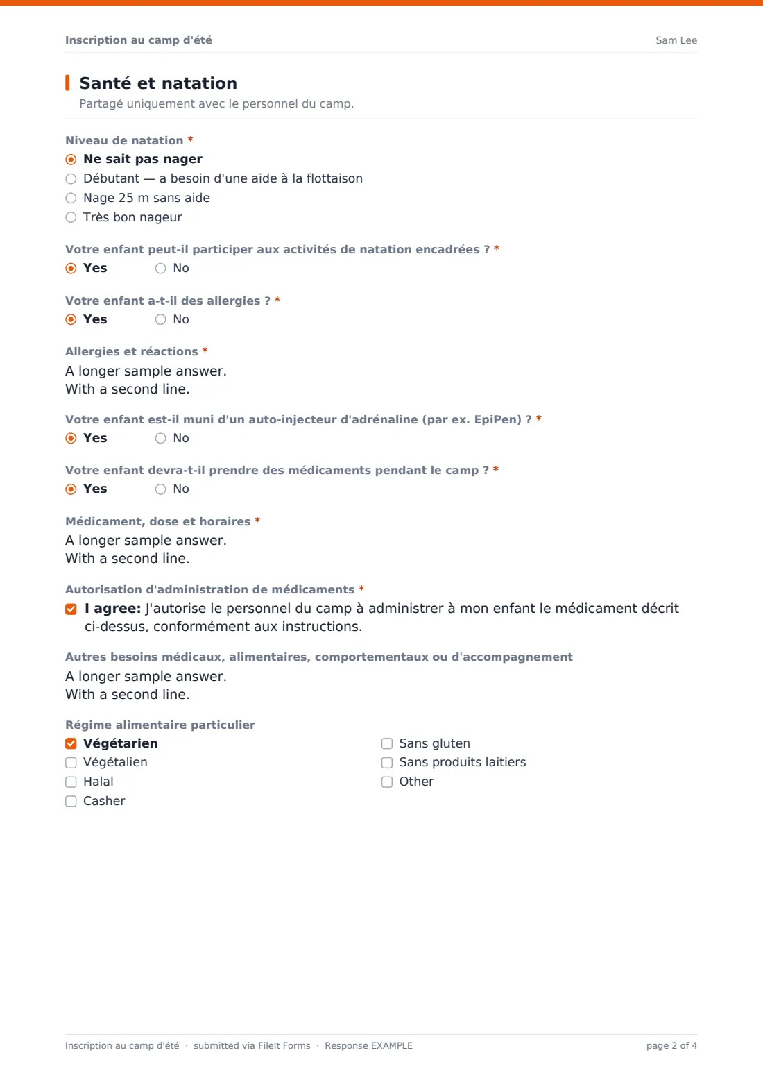 Inscription au camp d'été — exemple de réponse au format PDF, page 2 sur 4