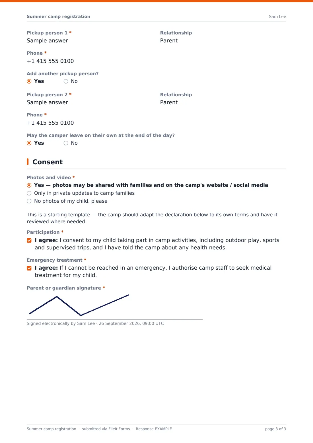Summer camp registration — example response PDF, page 3 of 3