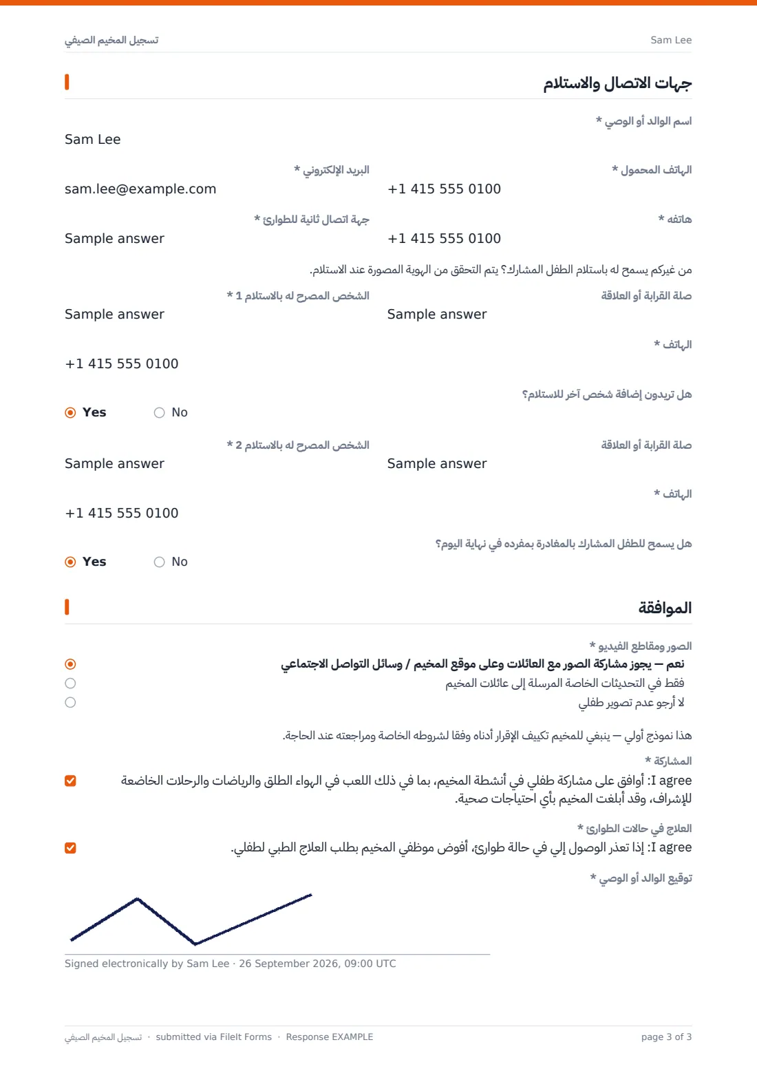 تسجيل المخيم الصيفي — ملف PDF لرد نموذجي، الصفحة 3 من 3
