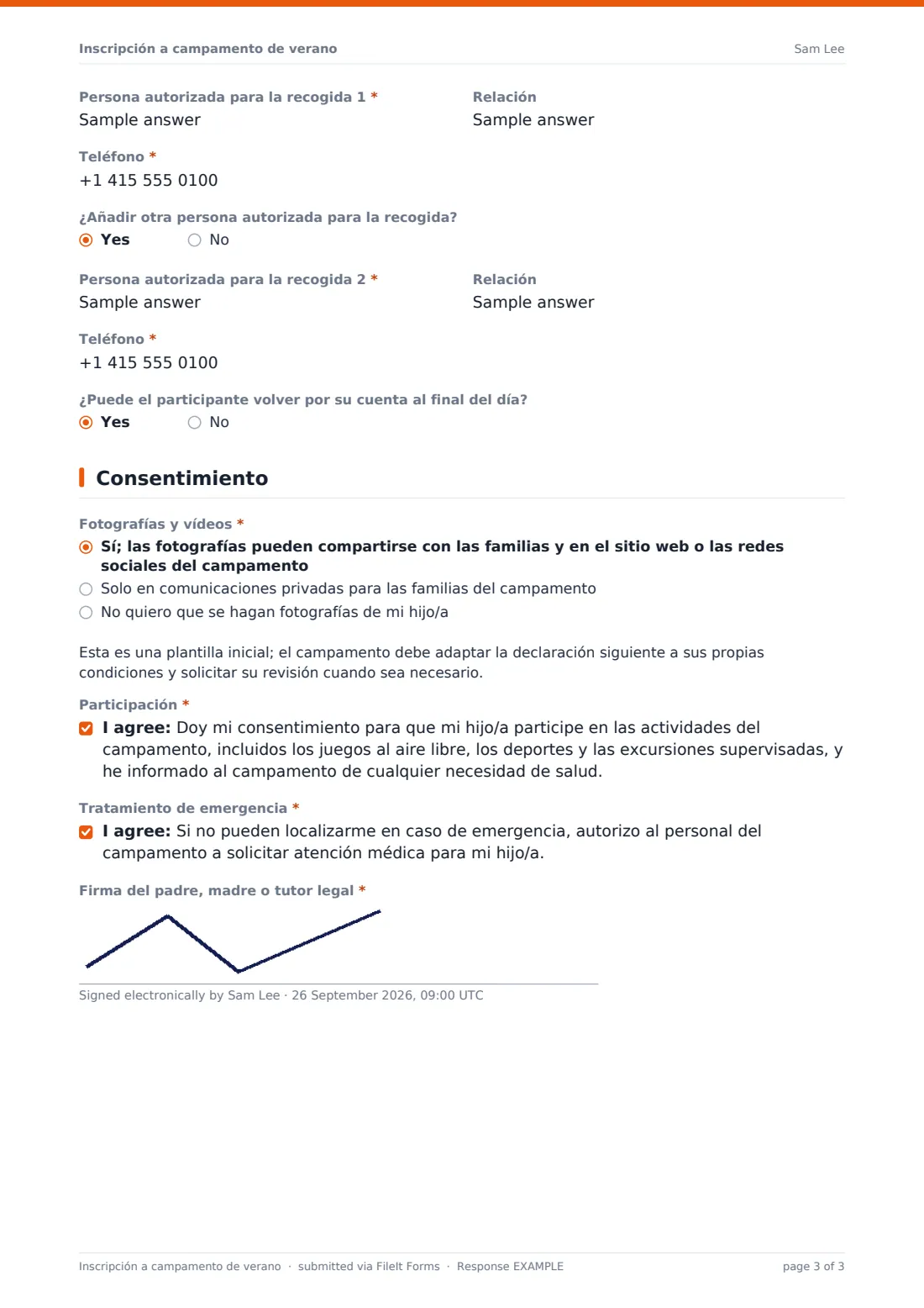 Inscripción a campamento de verano — PDF de respuesta de ejemplo, página 3 de 3