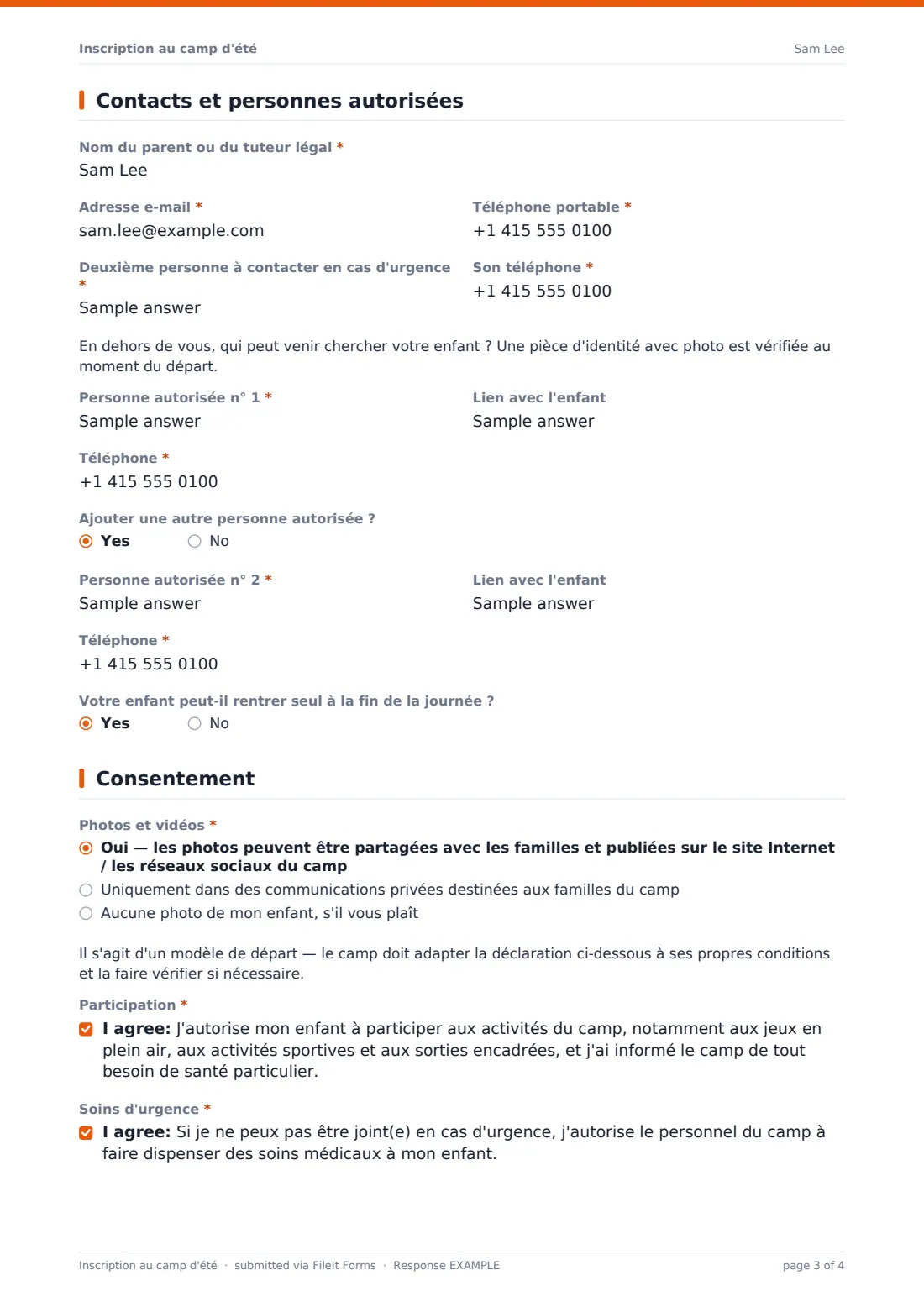 Inscription au camp d'été — exemple de réponse au format PDF, page 3 sur 4