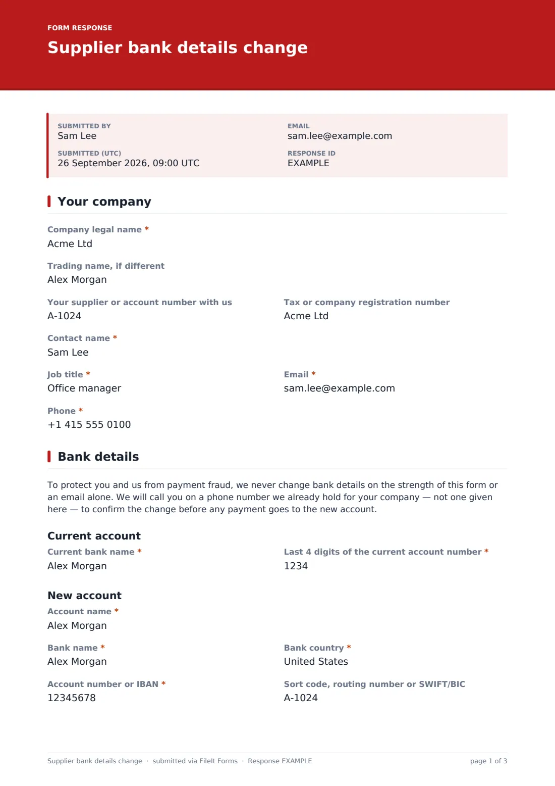 Supplier bank details change — example response PDF, page 1 of 3