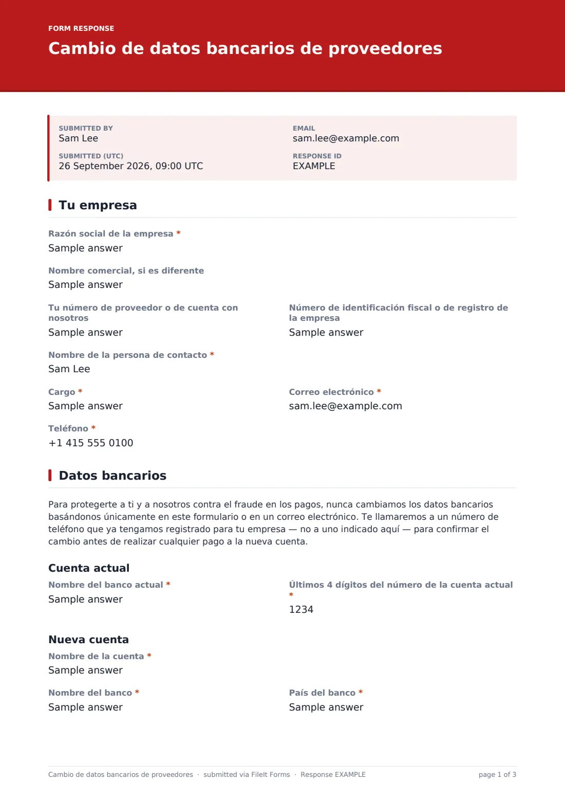 Cambio de datos bancarios de proveedores — PDF de respuesta de ejemplo, página 1 de 3