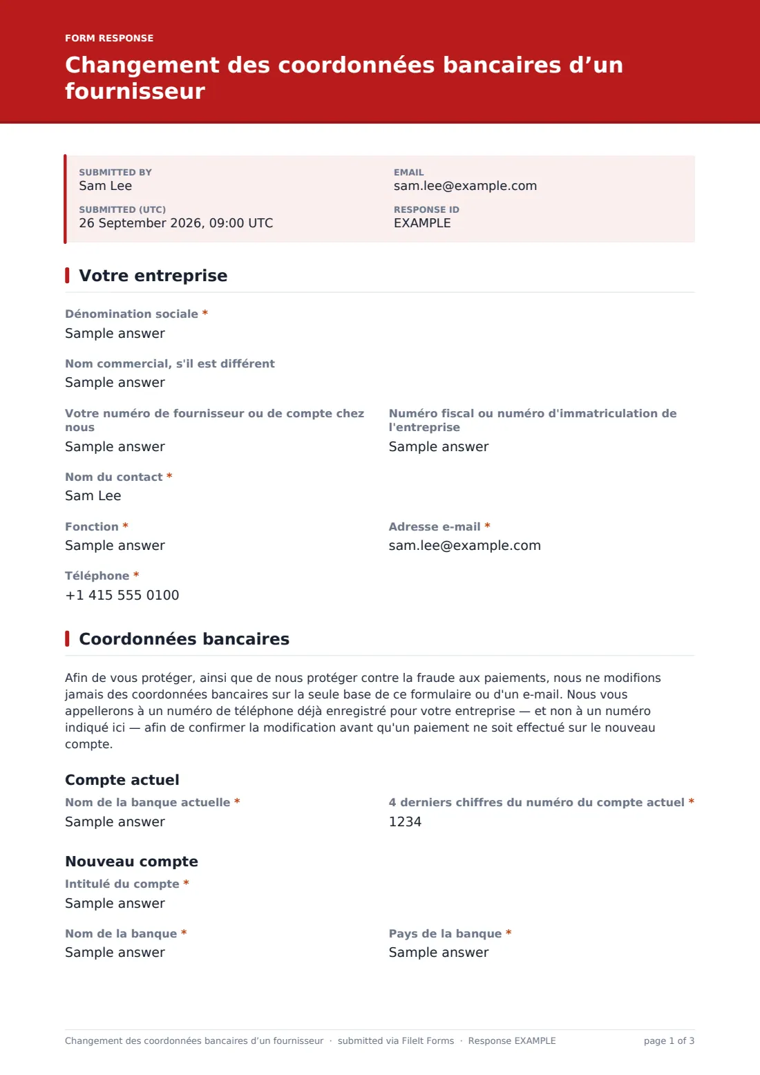 Changement des coordonnées bancaires d’un fournisseur — exemple de réponse au format PDF, page 1 sur 3