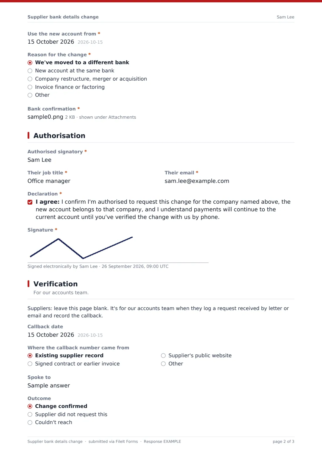 Supplier bank details change — example response PDF, page 2 of 3