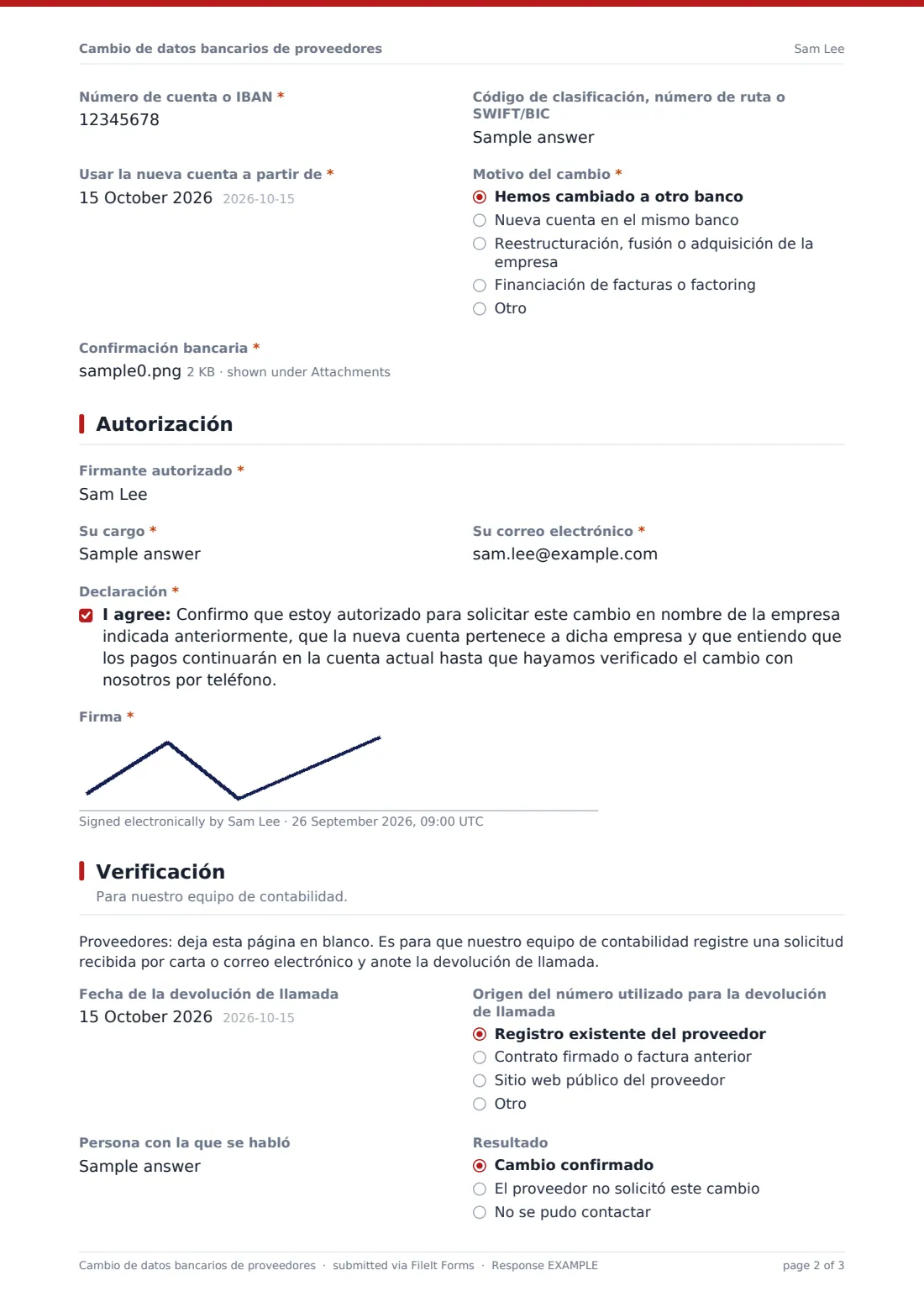 Cambio de datos bancarios de proveedores — PDF de respuesta de ejemplo, página 2 de 3